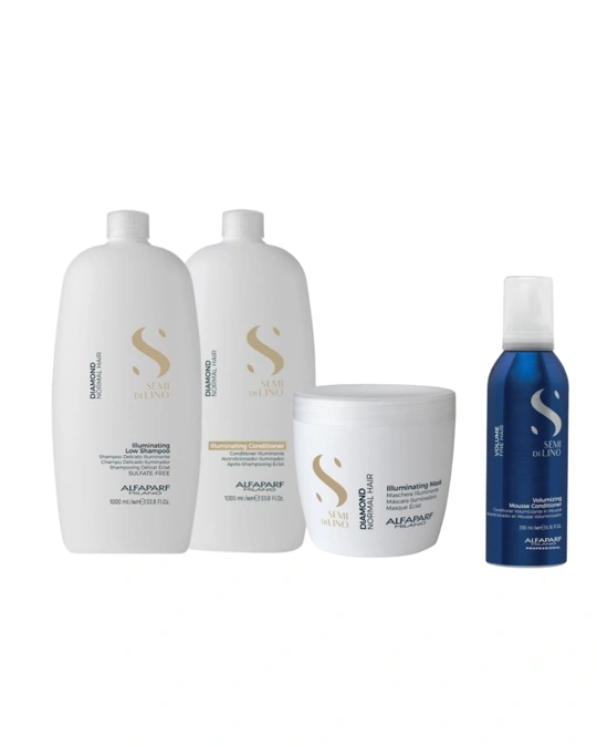 Alfaparf Semi Di Lino Diamond Illuminating Low Shampoo 1000ml + Alfaparf Semi Di Lino Diamond Illuminating Conditioner 1000ml + Alfaparf Semi Di Lino Diamond Illuminating Mask 500ml + Ajándék Alfaparf Semi di Lino Volume Mousse Conditioner 200ml főképe